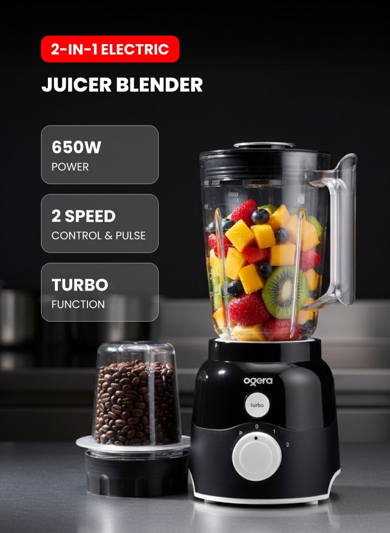 أوجيرا عصارة وخلاط كهربائي 2 في 1 بقوة 650 واط | وعاء سوائل غير قابل للكسر | صانع عصائر وسموثي | محرك عالي القدرة | تصميم مدمج لسطح المطبخ | سهل التنظيف | OG5104BR أسود/فضي - Image 1